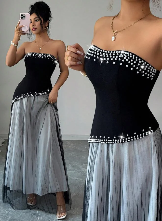 تايك تو Black Strapless A-Line Maxi Dress with Pearl Embellishment