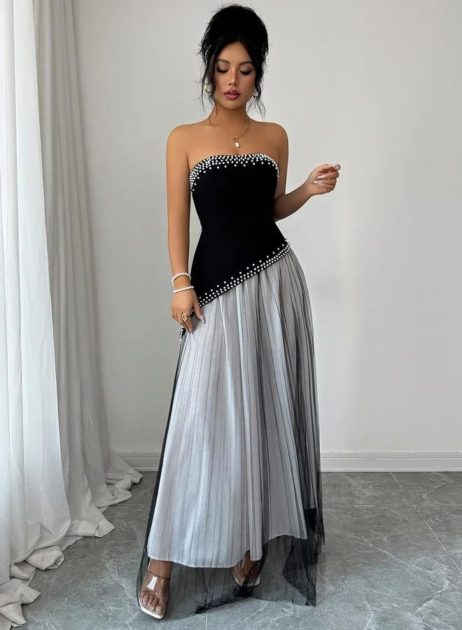 تايك تو Black Strapless A-Line Maxi Dress with Pearl Embellishment