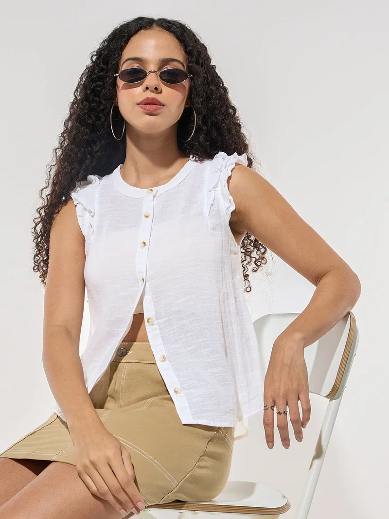Outzidr  White Ruffle Sleeved Top for Women | Best Price UAE