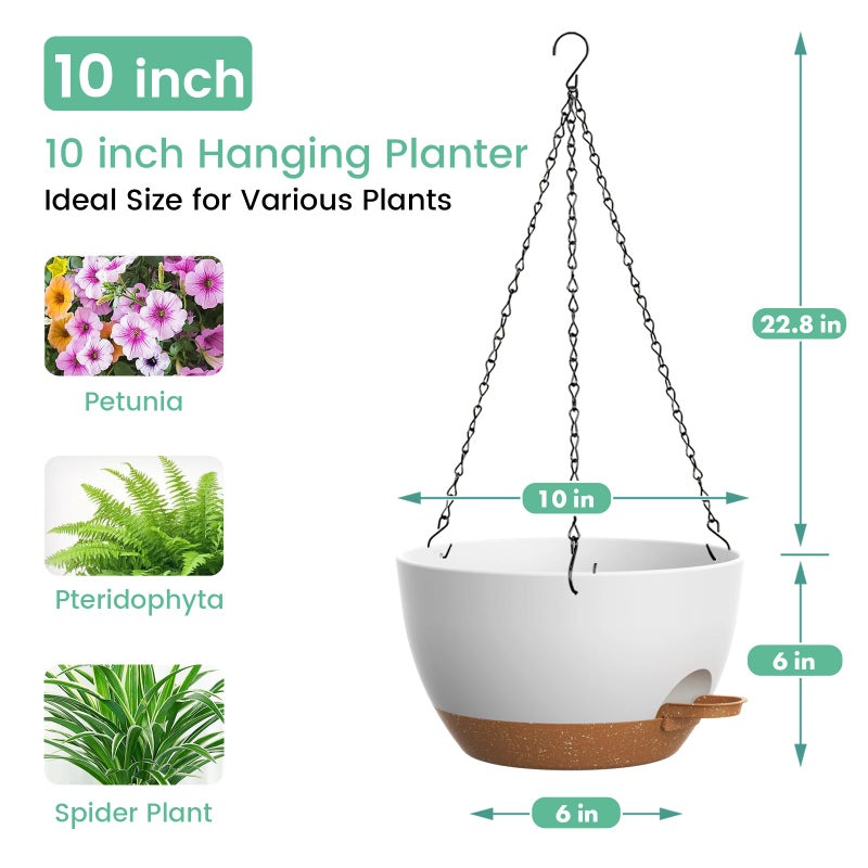 UOUZ Set of 3-10 Inch Self Watering Hanging Planters for Indoor Outdoorï¼ŒHanging Plant Pots with Drainage & Removable Tray, Hanging Pots Holder for Pothos Plant, Ferns, Balcony & Patio,White with Brown - Image 3