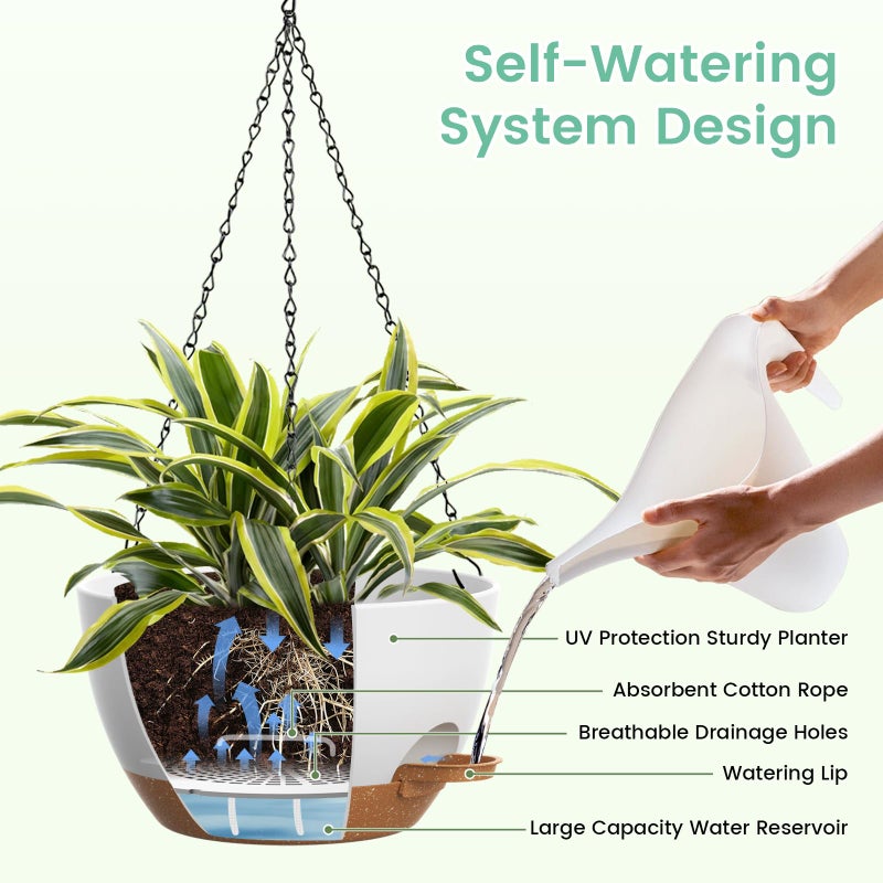 UOUZ Set of 3-10 Inch Self Watering Hanging Planters for Indoor Outdoorï¼ŒHanging Plant Pots with Drainage & Removable Tray, Hanging Pots Holder for Pothos Plant, Ferns, Balcony & Patio,White with Brown - Image 4