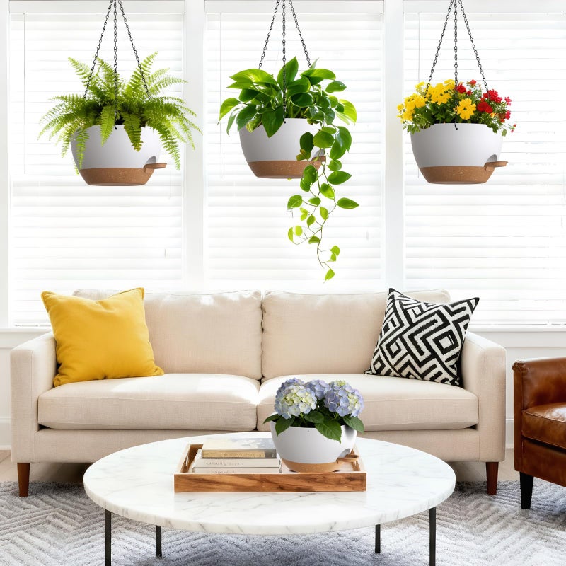 UOUZ Set of 3-10 Inch Self Watering Hanging Planters for Indoor Outdoorï¼ŒHanging Plant Pots with Drainage & Removable Tray, Hanging Pots Holder for Pothos Plant, Ferns, Balcony & Patio,White with Brown - Image 2