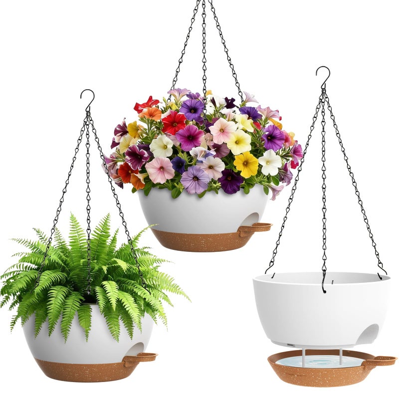 UOUZ Set of 3-10 Inch Self Watering Hanging Planters for Indoor Outdoorï¼ŒHanging Plant Pots with Drainage & Removable Tray, Hanging Pots Holder for Pothos Plant, Ferns, Balcony & Patio,White with Brown - Image 1