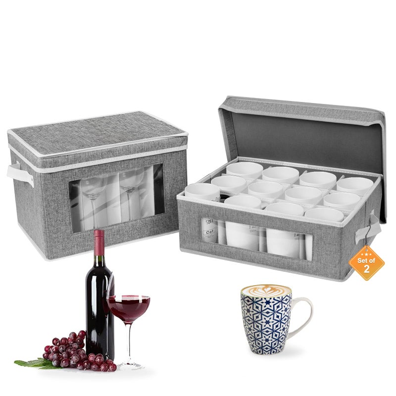 homyfort Mug and Wine Glass Storage Box with Dividers Stemware Storage Cases and Coffee Cup Storage Organizer China Crystal Storage Containers Hard Shell for Glassware Protection and Moving Grey