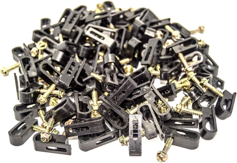 Stanz (TM) Flex Dual Coaxial Cable Clips, Cat6, Electrical Wire Cable Clip, 1/4 in (6 mm) Screw Clip and Fastener, Black (100 Pieces per Bag) - Image 1