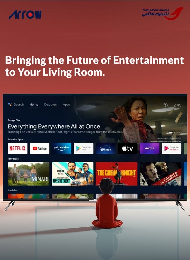 Arrow 58 Inch 4K UHD Frameless Smart Google TV, 3840x2160 Resolution, 5000:1 Contrast, 60Hz Refresh Rate, Android 11, HDR10, Dolby/Dolby+, 1.07B Colors, 3 HDMI & 2 USB Ports, Bluetooth 5.0, Wi-Fi, Multiscreen, Wall Stand | Model No: RO-58LCS-11  - Image 4