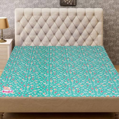 Nonibud Waterproof Plastic Mattress Protection Sheet for Baby and Adult - Double Bed/King Size - 7.5 x 6.5 feet (Sea Green Kitty) - Image 1