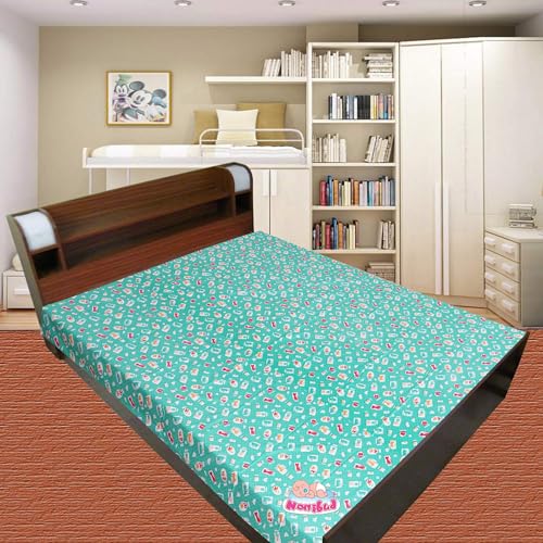 Nonibud Waterproof Plastic Mattress Protection Sheet for Baby and Adult - Double Bed/King Size - 7.5 x 6.5 feet (Sea Green Kitty) - Image 2