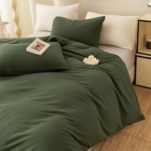 ECOCOTT 3 Pieces Duvet Cover King 100% Washed Cotton 1 Duvet Cover with Zipper and 2 Pillowcases, Ultra Soft and Easy Care Breathable Cozy Simple Style Bedding Set (Avocado Green) - Image 3