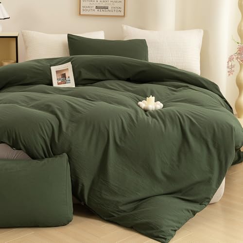 ECOCOTT 3 Pieces Duvet Cover King 100% Washed Cotton 1 Duvet Cover with Zipper and 2 Pillowcases, Ultra Soft and Easy Care Breathable Cozy Simple Style Bedding Set (Avocado Green) - Image 2