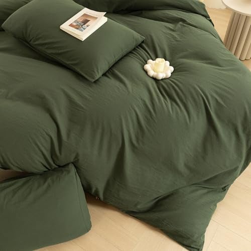 ECOCOTT 3 Pieces Duvet Cover King 100% Washed Cotton 1 Duvet Cover with Zipper and 2 Pillowcases, Ultra Soft and Easy Care Breathable Cozy Simple Style Bedding Set (Avocado Green) - Image 5