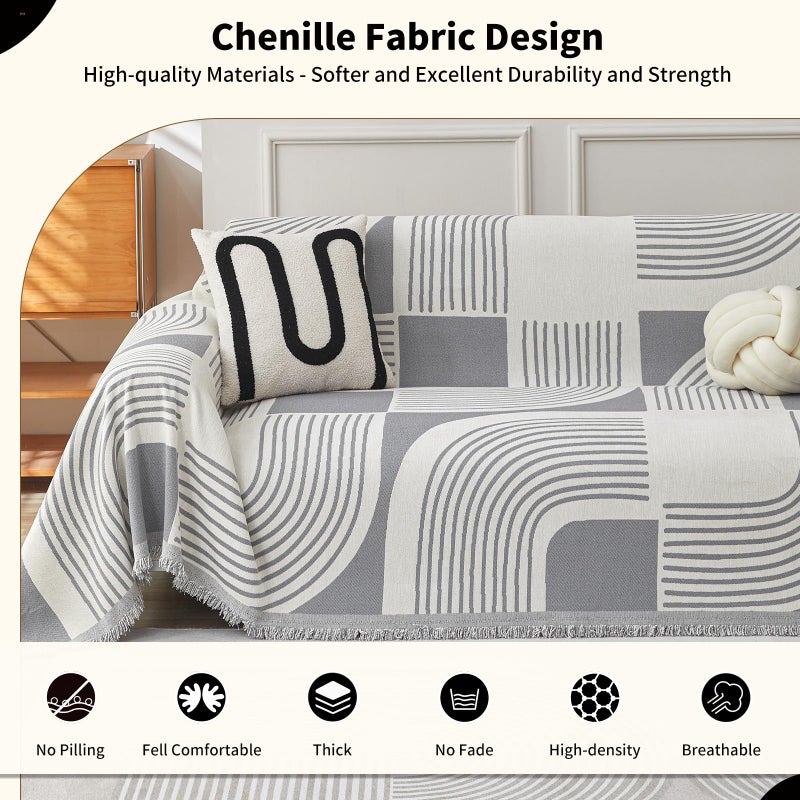 WEYOND Boho Couch Cover Sofa Covers Washable, Chenille Couch Covers for 3 Cushion Couch Sofa Pet Friendly, Bohemian Sofa Slipcovers for Sectional Sofa, Loveseat, 2 3 4 Seater (71" x 102", Grey) - Image 3