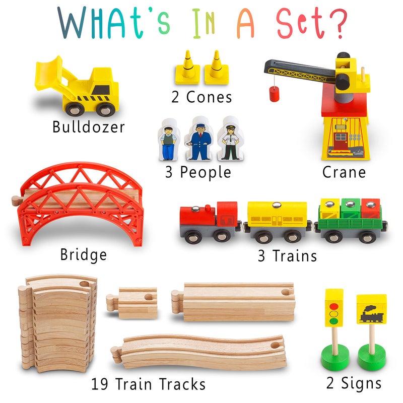 KipiPol Wooden Train Sets for Boys 247  38 Pcs Wood Train Set for Toddlers wCrane Bridge  Wooden Train Tracks  Train Toys for 3 Year Old Boys  Girls  Fits Thomas Brio IKEA Melissa and Doug - Image 3