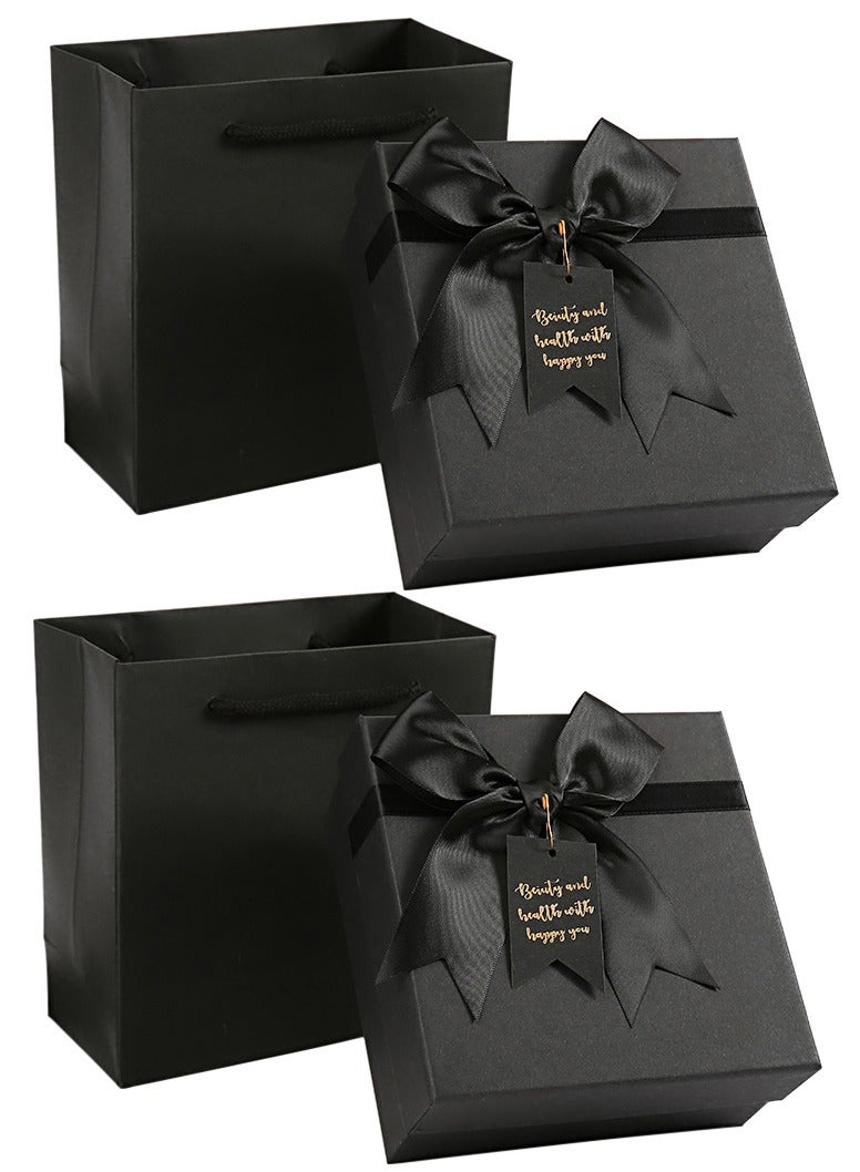 2 Sets of Gift Boxes with Hand Straps and White raffia,Black 14X10X6cm Gift Boxes,Bridesmaid Proposal Box with Ribbon,Kraft Paper Boxes for Wedding, Packaging,Present,Birthday,Party - Image 1