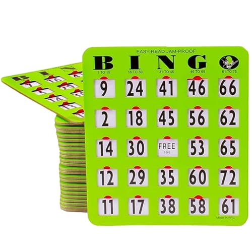 MR CHIPS Jam-Proof Easy-Read Large Print Fingertip Bingo Cards with Sliding Windows - 50 Pack in Green Style - Image 1