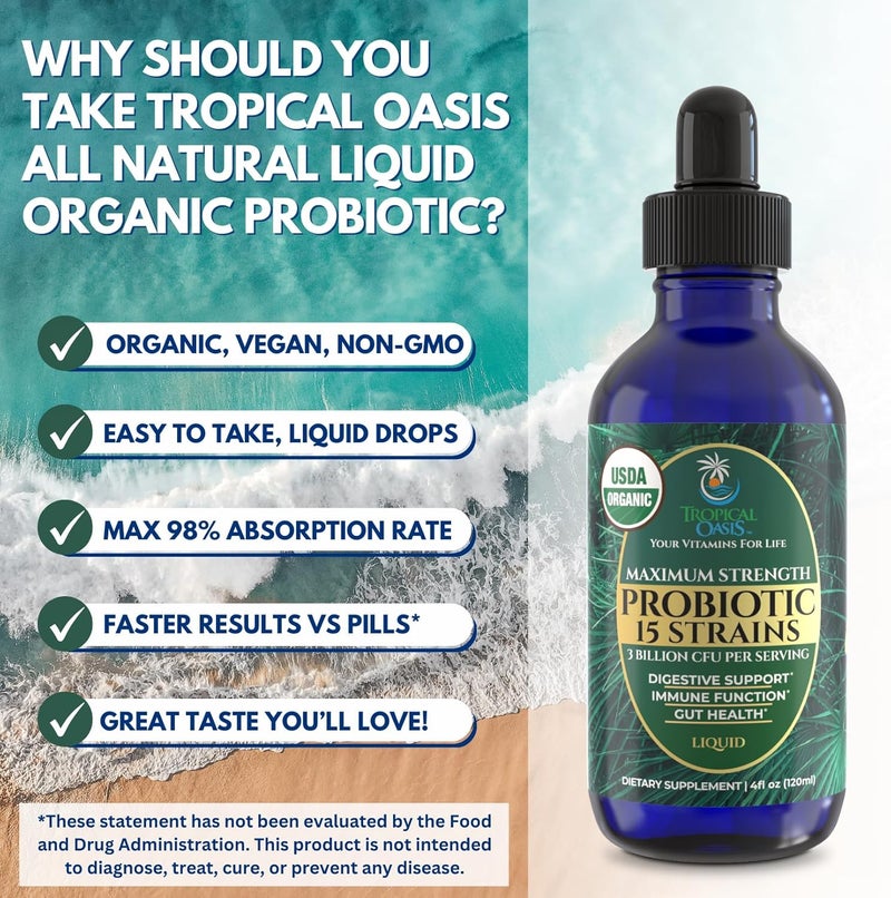 Tropical Oasis USDA Organic Liquid Probiotics for Men Women  Kids  15 Clinically Studied Strains  Digestive Support Immune  Gut Health  Maximum Strength  98 Absorption  Vegan NonGMO  40 Serv - Image 4