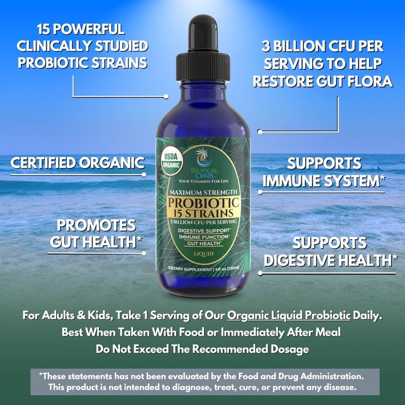 Tropical Oasis USDA Organic Liquid Probiotics for Men Women  Kids  15 Clinically Studied Strains  Digestive Support Immune  Gut Health  Maximum Strength  98 Absorption  Vegan NonGMO  40 Serv - Image 3