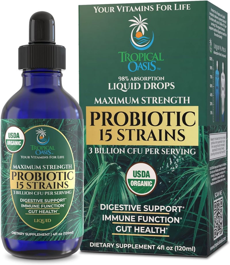 Tropical Oasis USDA Organic Liquid Probiotics for Men Women  Kids  15 Clinically Studied Strains  Digestive Support Immune  Gut Health  Maximum Strength  98 Absorption  Vegan NonGMO  40 Serv - Image 1