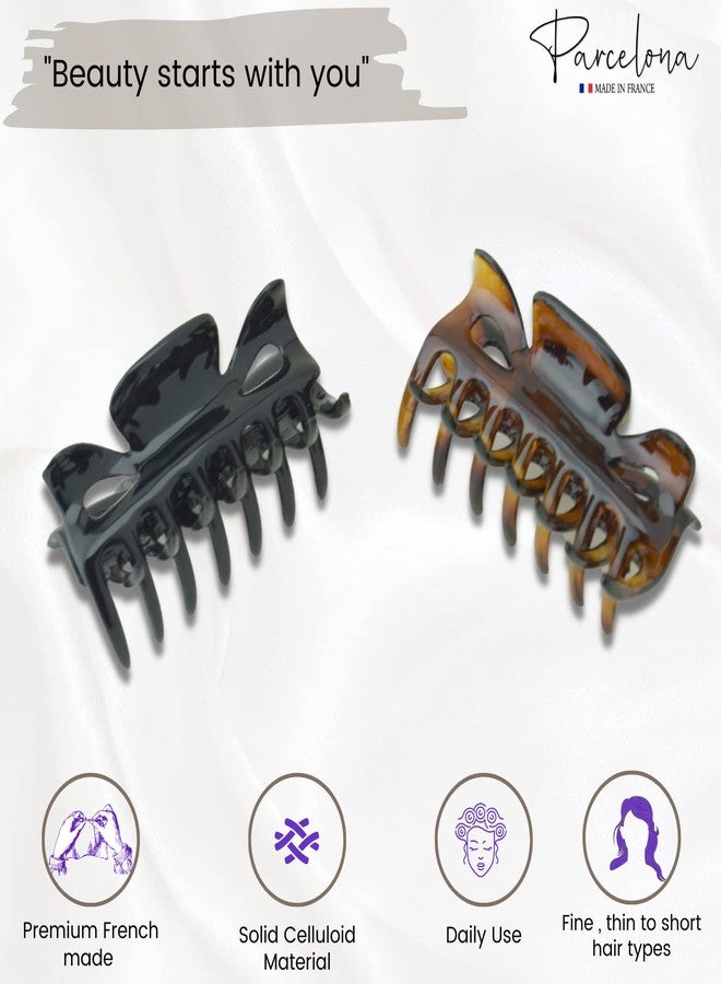 Parcelona French Classic Small 2.5" Celluloid Set of 2 Jaw Hair Claw Clips for Women and Girls (Tortoise Shell and Black) - Image 2