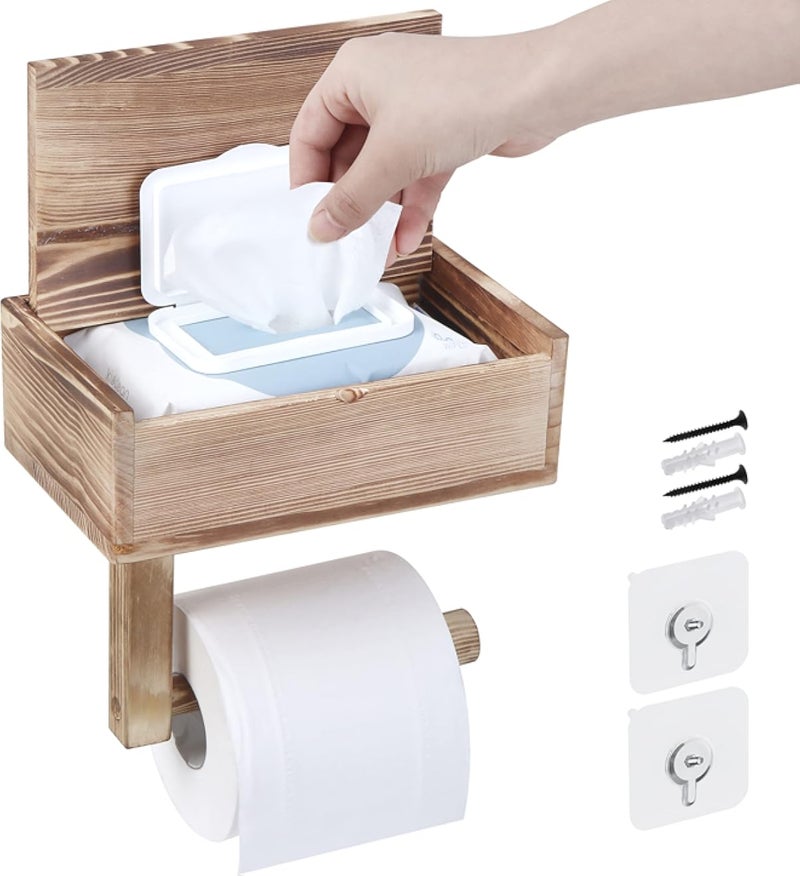 Deep sea Premium Wooden Toilet Paper Holder with Shelf Storage, Wall Mounted Toilet Paper Holder Stand for Bathroom Wood Color