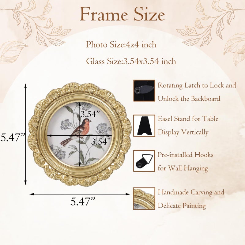 LIHOLO Vintage Picture Frames 4x4 Round Gold Antique Picture Frames with Glass Front Handcrafted Rustic Home Decor for Wall Mount and Tabletop Gallery Wall Art - Image 2