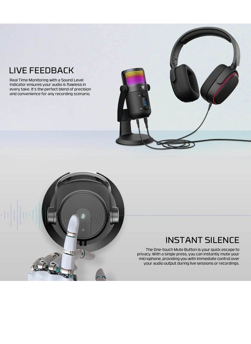 MCX03 LEVIOSA MAX Microphone USB-C RGB Professional Gaming Stream Condenser PURE PRECISION 16mm Capsule – Cardioid Polar Pattern – Noise Reduction tech – Real Time Monitoring with Headphone jack | Black