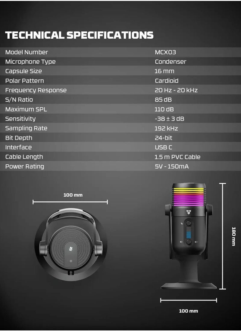 MCX03 LEVIOSA MAX Microphone USB-C RGB Professional Gaming Stream Condenser PURE PRECISION 16mm Capsule – Cardioid Polar Pattern – Noise Reduction tech – Real Time Monitoring with Headphone jack | Black