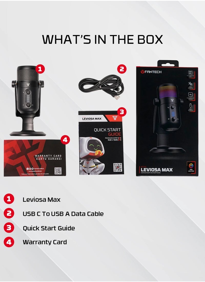 MCX03 LEVIOSA MAX Microphone USB-C RGB Professional Gaming Stream Condenser PURE PRECISION 16mm Capsule – Cardioid Polar Pattern – Noise Reduction tech – Real Time Monitoring with Headphone jack | Black