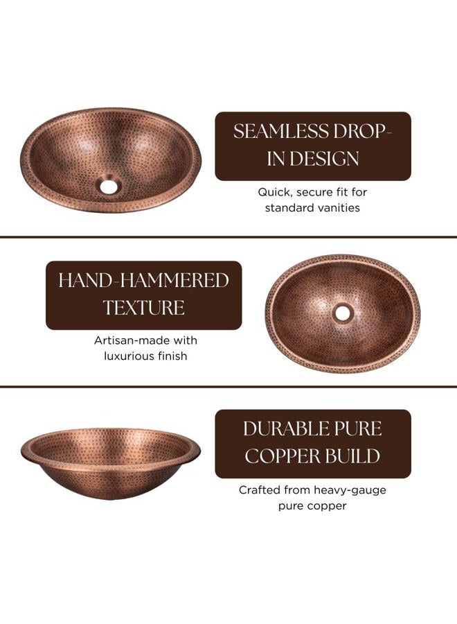 Monarch Abode Pure Copper Hand Hammered Drop-In Bathroom Vanity Sink 17" - 17 Inches (Oval) - Copper Bathroom Sinks - Copper Bowl Sink - Hammered Oval Copper Sink - Bathroom Drop-In Sink - Image 4