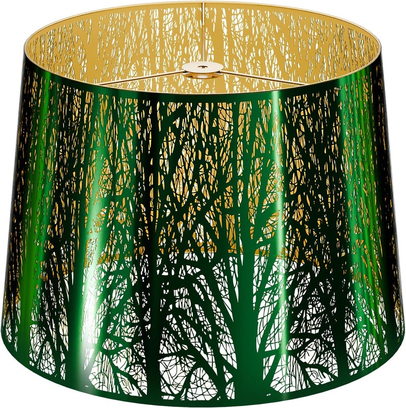 ALUCSET Large Metal Lampshade Forest Etching Forest Lamp Shade Pattern 12'' Top × 14'' Bottom × 10" Height Fits For Table Lamps and Floor Lamps Spider Fitter Stainless Steel Green outside Gold inside - Image 1