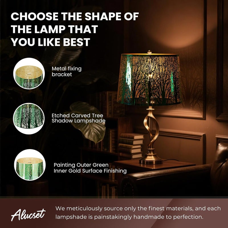 ALUCSET Large Metal Lampshade Forest Etching Forest Lamp Shade Pattern 12'' Top × 14'' Bottom × 10" Height Fits For Table Lamps and Floor Lamps Spider Fitter Stainless Steel Green outside Gold inside - Image 2