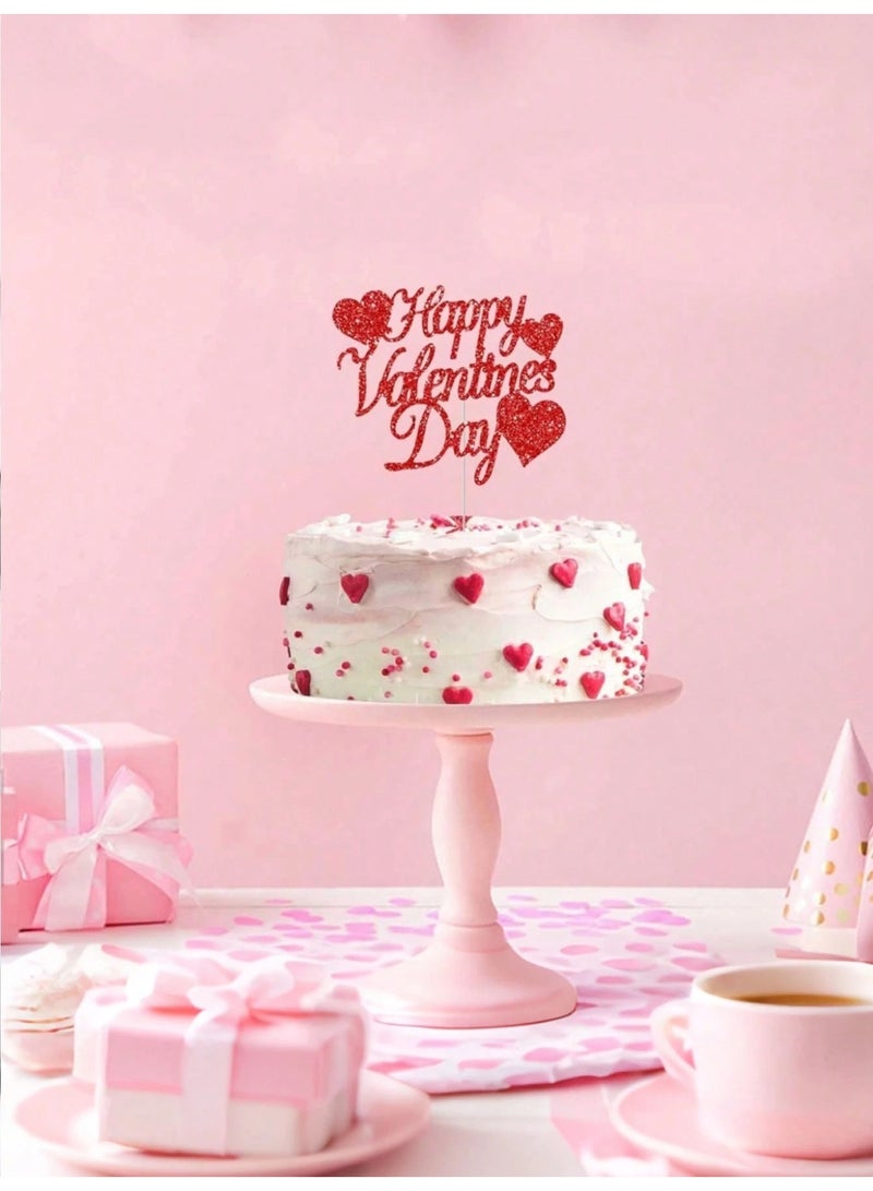 Valentine’s Day Decoration – Single Red Glitter Cake Topper with “Happy Valentine’s Day” Design, One-Piece Cake Topper Adding a Romantic and Elegant Touch to Cakes and Cupcakes for Valentine’s Day Celebrations - Image 1
