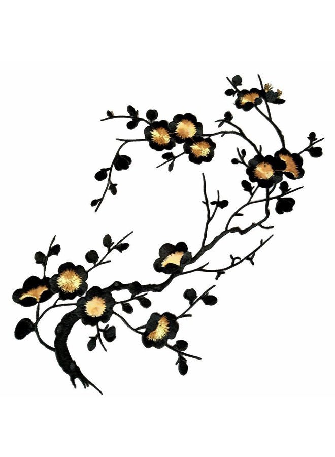 FJTANG (أسود/ذهبي) - 1 قطعة من رقع زهور البرقوق الكبيرة للتطريز 14.1"x7.5" (36x19 سم) (أسود/ذهبي) - Image 1