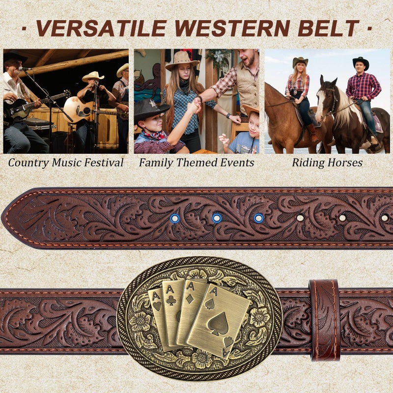SANSTHS Cowboy Belts for Men Women Western Leather Belt with Texas Poker Buckles Vintage Dark Brown Cowgirl for Jeans - Image 4