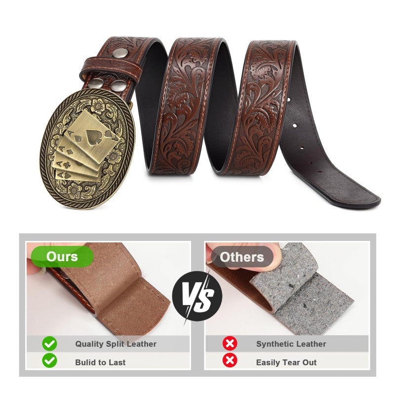 SANSTHS Cowboy Belts for Men Women Western Leather Belt with Texas Poker Buckles Vintage Dark Brown Cowgirl for Jeans - Image 3