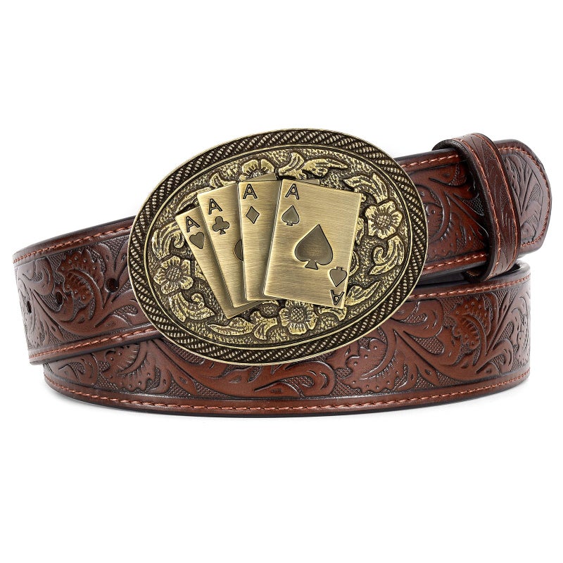 SANSTHS Cowboy Belts for Men Women Western Leather Belt with Texas Poker Buckles Vintage Dark Brown Cowgirl for Jeans - Image 1