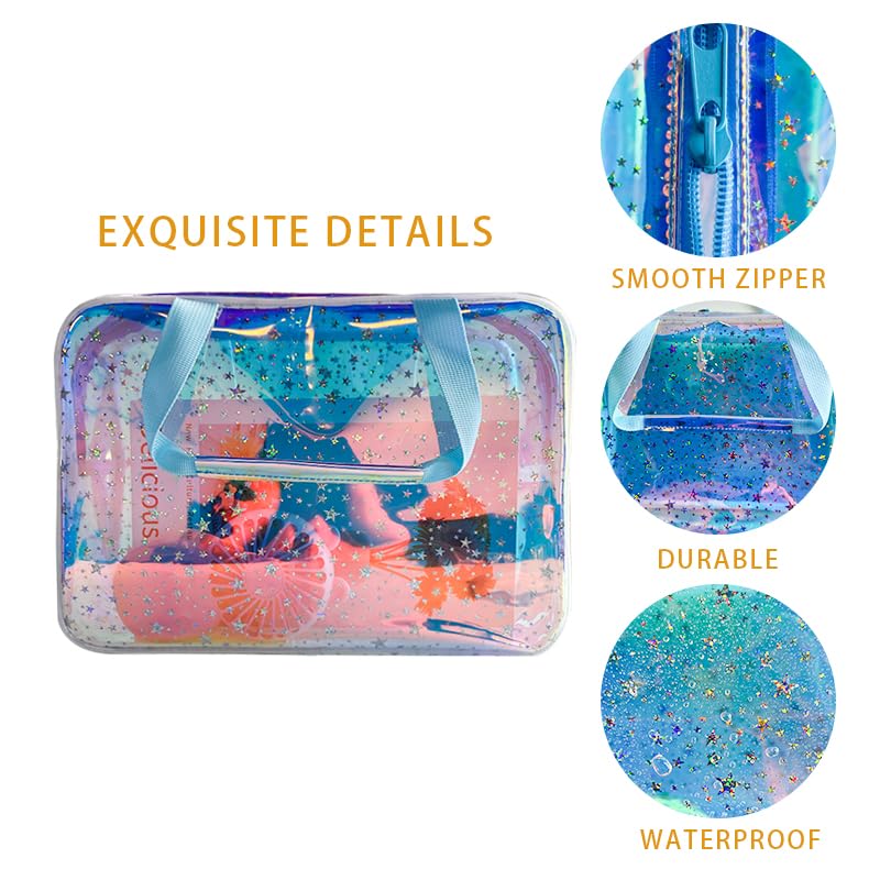TotePrint TPU Holographic Blue Clear Star Large Cosmetic Bag and Travel Pouch with Handle,Durable TPU Material,Zipper Design-Ideal for Makeup,Travel Essentials (Holographic Blue) - Image 3