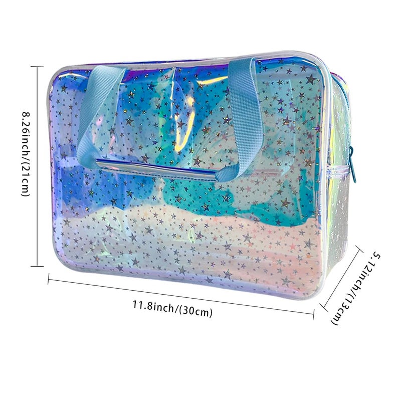 TotePrint TPU Holographic Blue Clear Star Large Cosmetic Bag and Travel Pouch with Handle,Durable TPU Material,Zipper Design-Ideal for Makeup,Travel Essentials (Holographic Blue) - Image 2