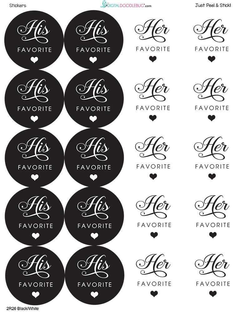 Digitaldoodlebug 100 Labels 1.9 Inch His Her Favorite Wedding Favors Black White Stickers (4x6 Bags) - Image 2