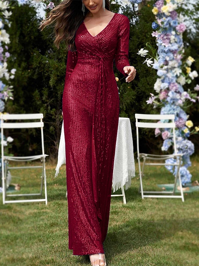 meilun Wine Long Sleeve Sequin Dress for Women Formal Evening Gowns Sparkly V Neck Maxi Dress for Wedding Guest,XL - Image 3
