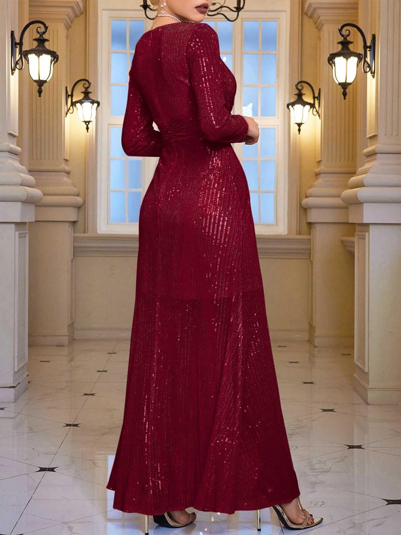 meilun Wine Long Sleeve Sequin Dress for Women Formal Evening Gowns Sparkly V Neck Maxi Dress for Wedding Guest,XL - Image 5