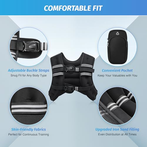 ZELUS Weighted Vest, 6lb/8lb/12lb/16lb/20lb/25lb/30lb Weight Vest with Reflective Stripe for Workout, Strength Training, Running, Fitness, Muscle Building, Weight Loss, Weightlifting, Black(16 lb) - Image 2