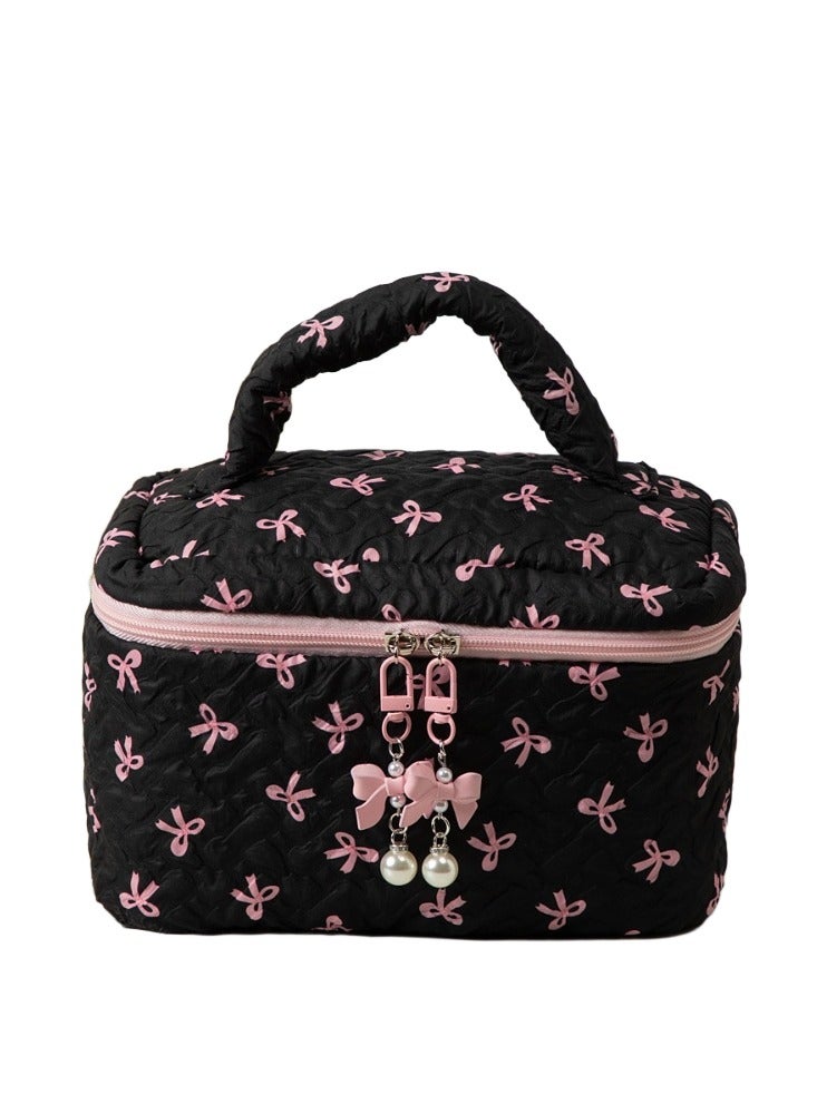 Charming Black Pink Bowknot Cosmetic Bag, Portable Makeup Organizer with Pearl Decorations for Women, large, 23*16*16cm - Image 1