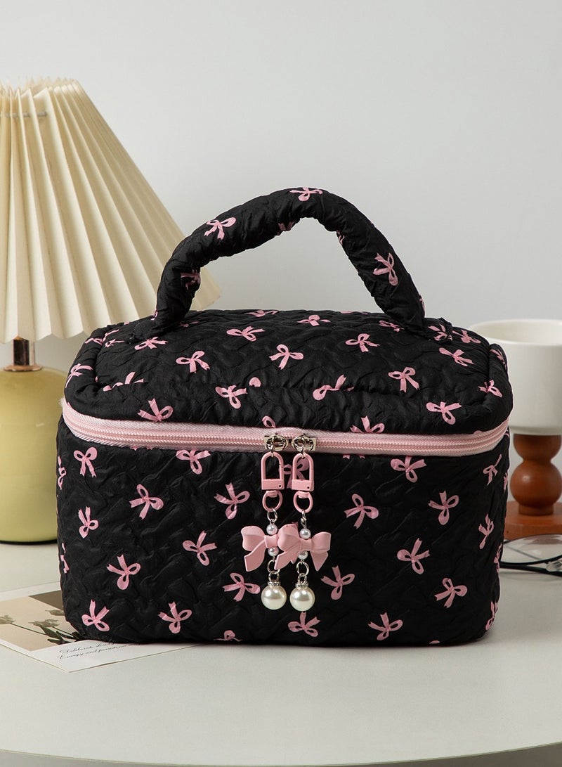 Charming Black Pink Bowknot Cosmetic Bag, Portable Makeup Organizer with Pearl Decorations for Women, large, 23*16*16cm - Image 2