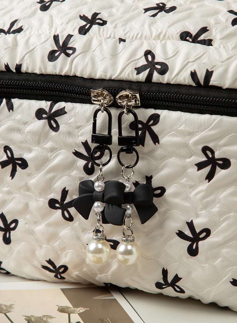 Charming Black Pink Bowknot Cosmetic Bag, Portable Makeup Organizer with Pearl Decorations for Women, large, 23*16*16cm - Image 3