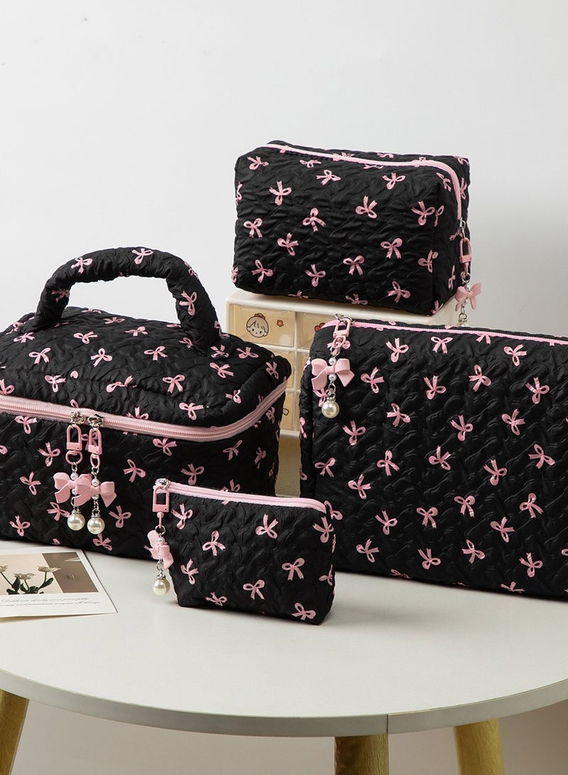 Charming Black Pink Bowknot Cosmetic Bag, Portable Makeup Organizer with Pearl Decorations for Women, large, 23*16*16cm - Image 4