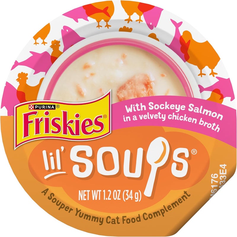 Friskies Purina Friskies Lil' Soups Grain Free Cat Food Toppers with Sockeye Salmon in Chicken Broth - 8 Pack of 1.2 oz Cups - Image 1