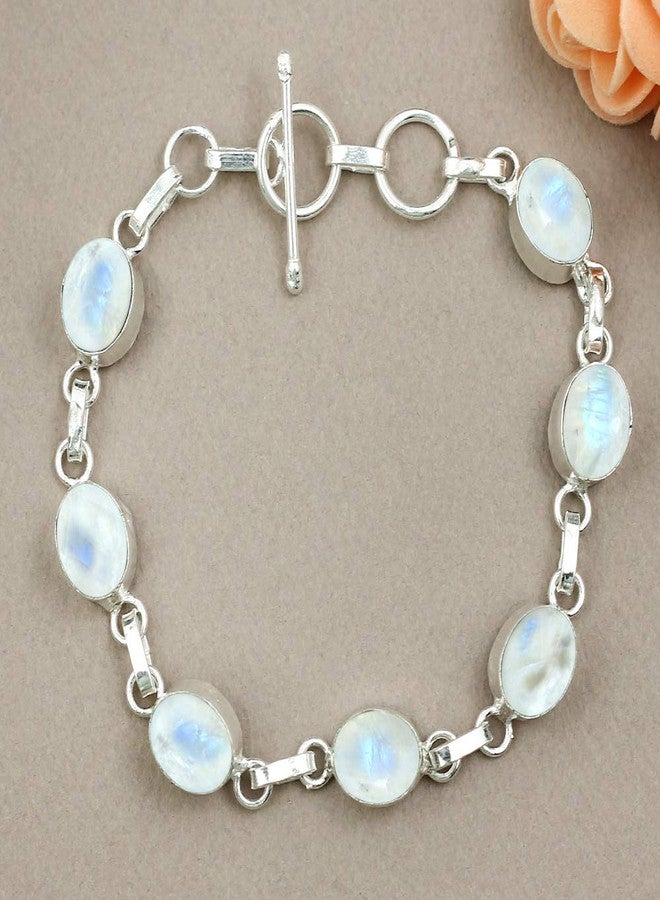 Sterling Silver Jewelry Natural Moonstone 925 Silver Plated Oval Gemstones Handmade Link Bracelet for Women - June Birthstone Bohemian Vintage Style Adjustable Bracelet - Anniversary Jewelry Gifts for Her - Image 3