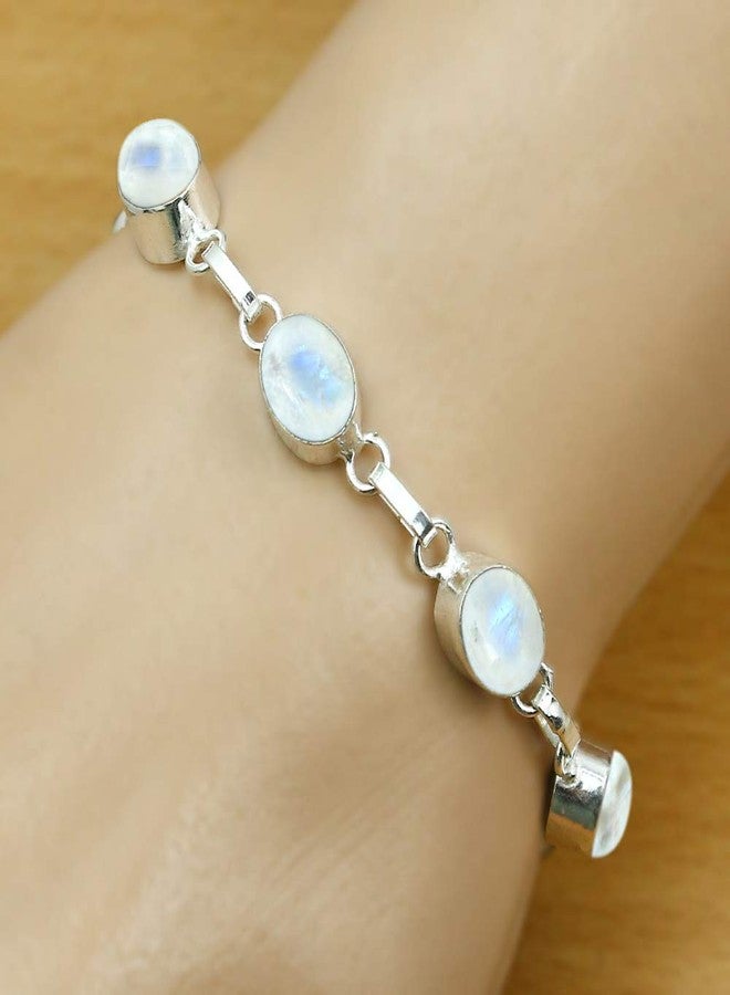 Sterling Silver Jewelry Natural Moonstone 925 Silver Plated Oval Gemstones Handmade Link Bracelet for Women - June Birthstone Bohemian Vintage Style Adjustable Bracelet - Anniversary Jewelry Gifts for Her - Image 4