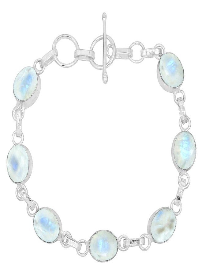 Sterling Silver Jewelry Natural Moonstone 925 Silver Plated Oval Gemstones Handmade Link Bracelet for Women - June Birthstone Bohemian Vintage Style Adjustable Bracelet - Anniversary Jewelry Gifts for Her - Image 1